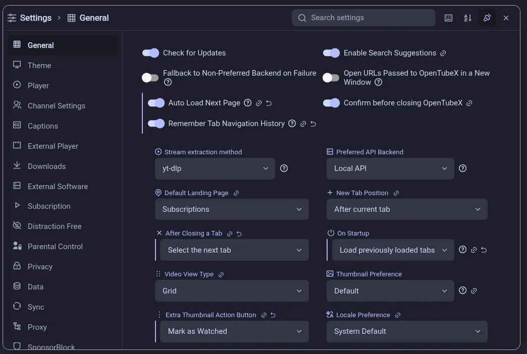 Settings window