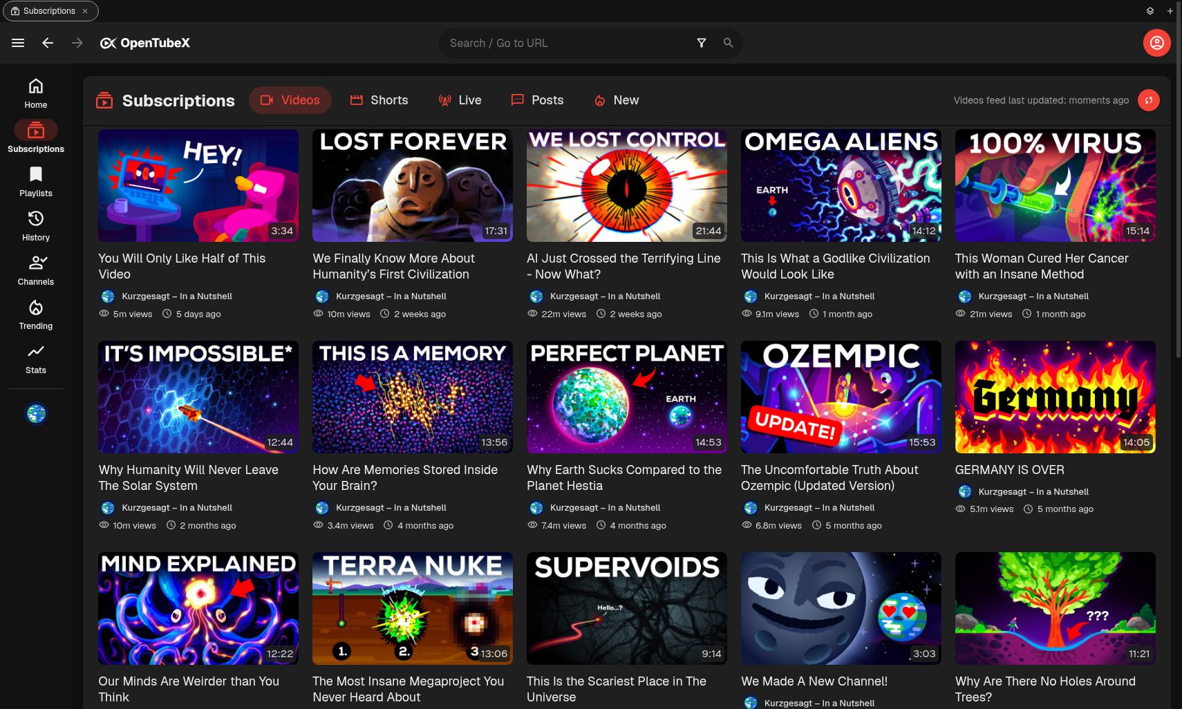 OpenTubeX subscription feed