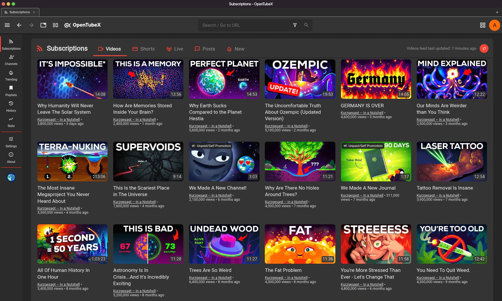 OpenTubeX subscription feed