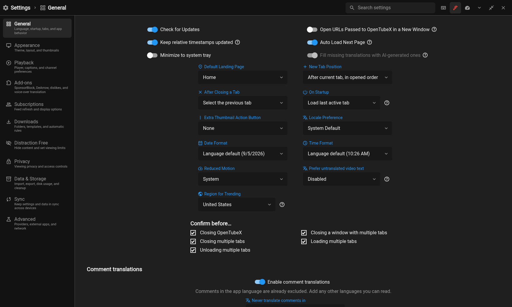 OpenTubeX settings
