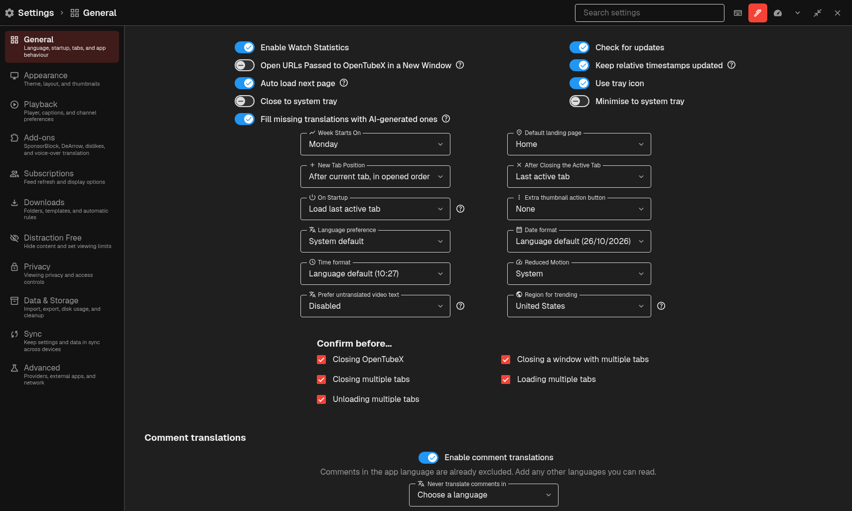 OpenTubeX settings