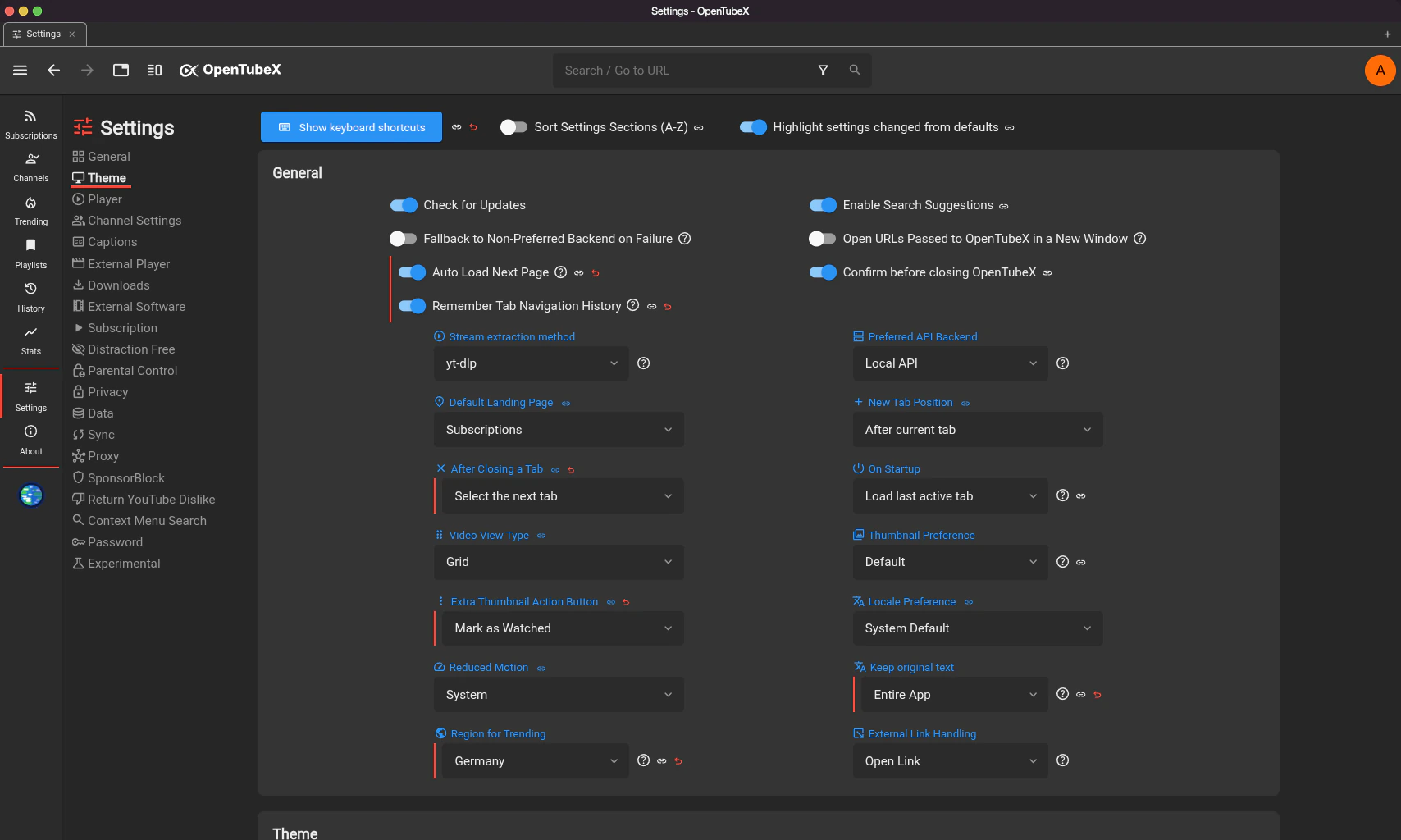 OpenTubeX settings
