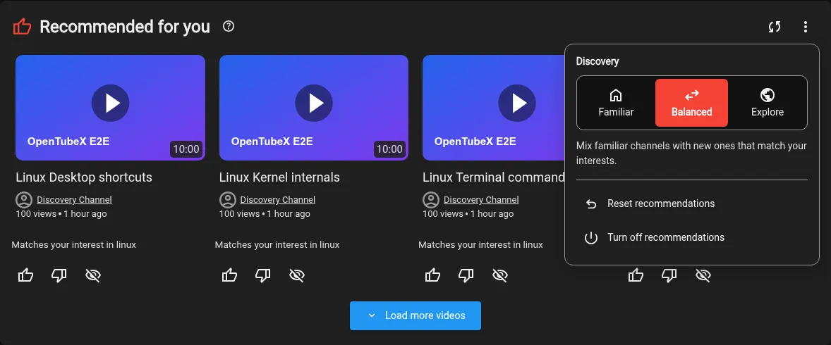Personalized Home recommendations with the discovery options open and a centered load-more button