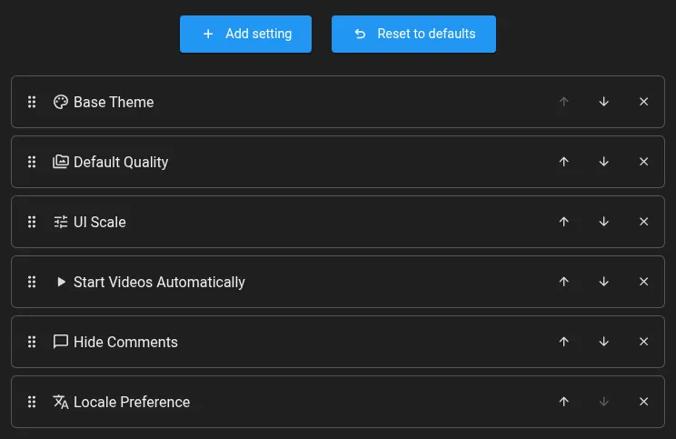 Quick Settings customization with selected controls and reorder buttons