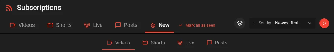 Tabbed New subscriptions feed in dark and light themes