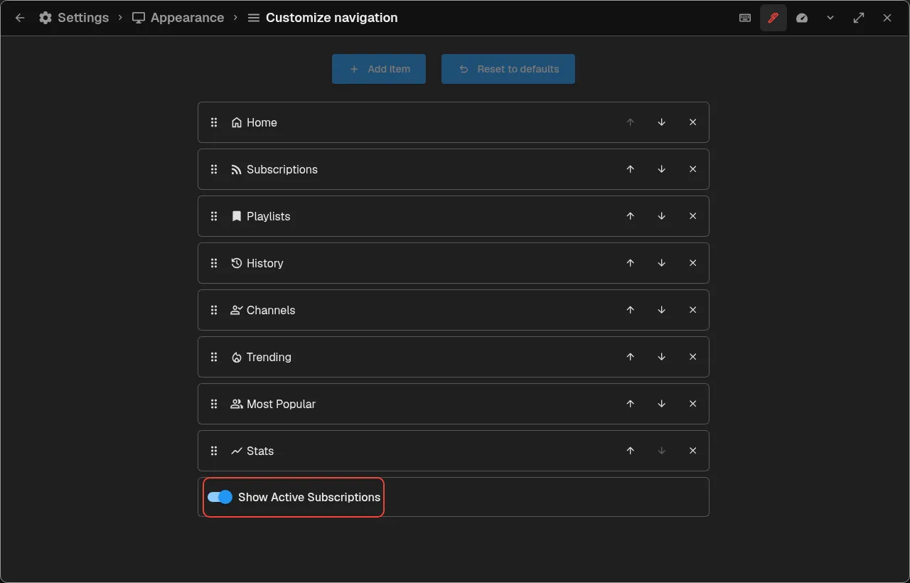 Search opens Customize navigation and highlights Show Active Subscriptions