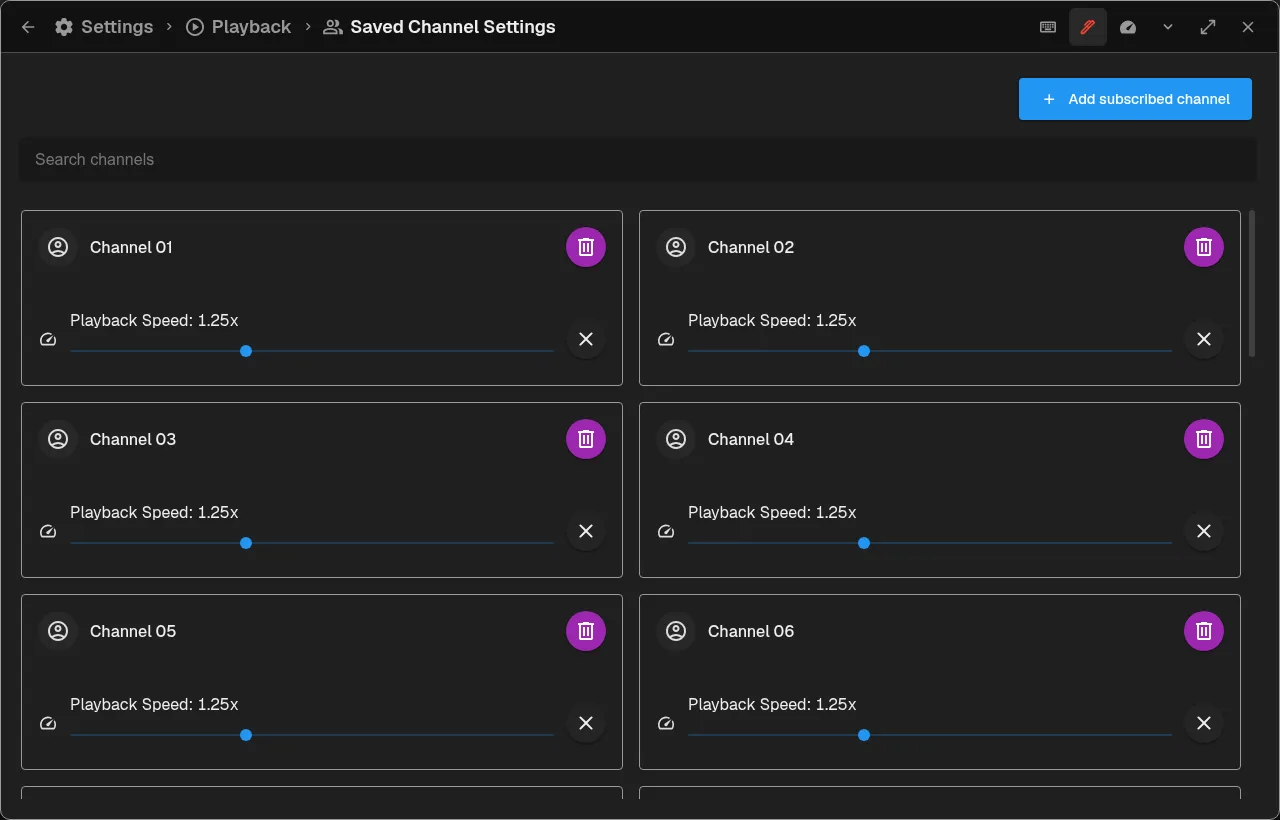 Saved channel playback settings with scrollbar spacing