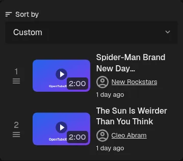 Playlist rows with smaller two-line titles and centered number and drag-handle groups
