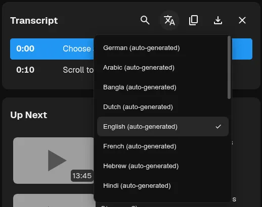 Compact transcript language menu with a themed scrollbar