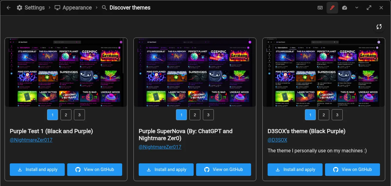 Discover community themes with screenshots and one-click installation
