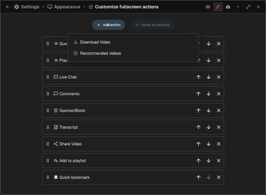 Fullscreen action customizer