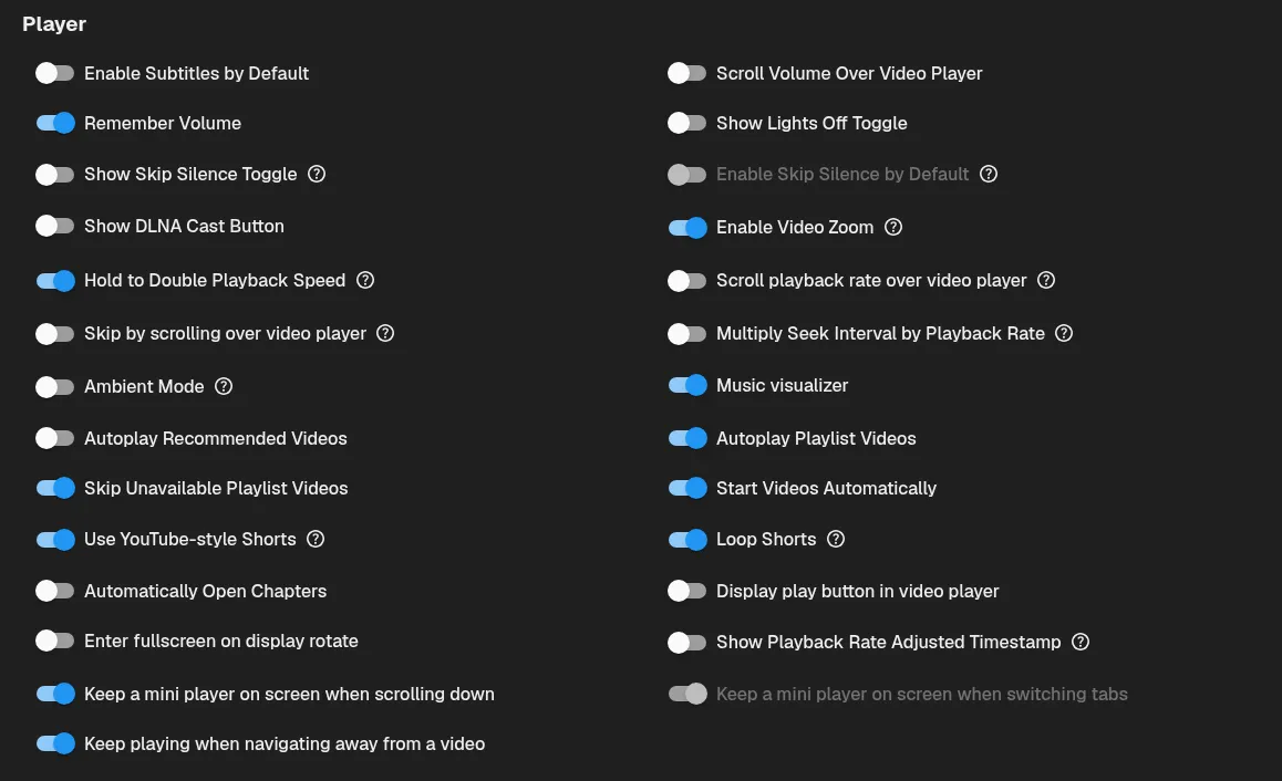 Playback settings arranged across two balanced columns