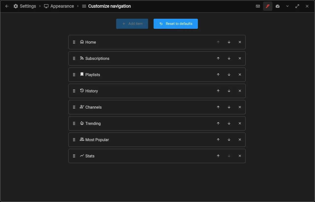 Navigation customization settings