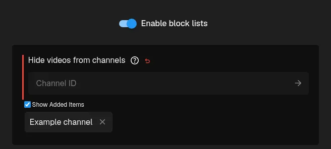 Enable block lists switch above saved channel and phrase lists