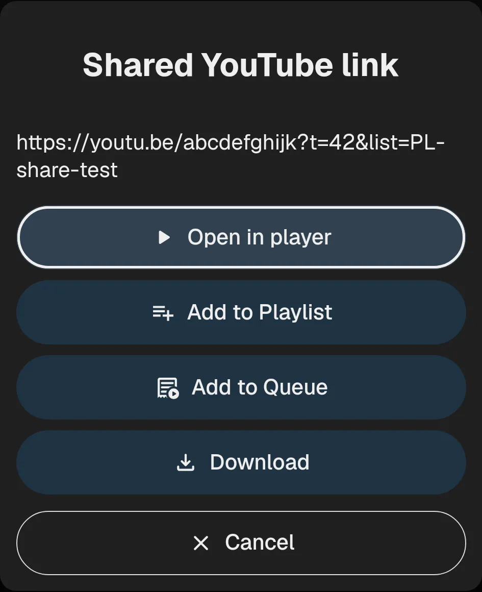 Quick actions for a YouTube link shared to OpenTubeX on Android