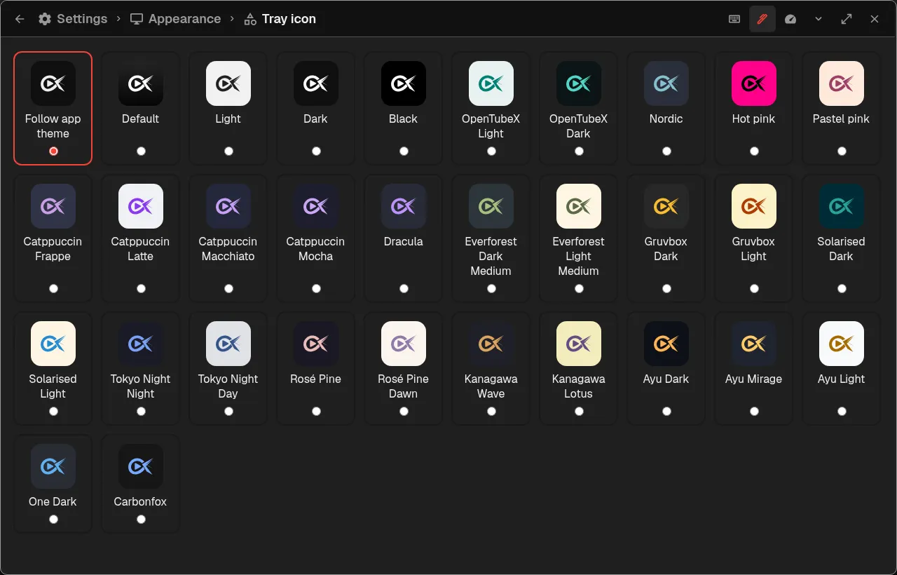 Tray icon palettes with Follow app theme selected