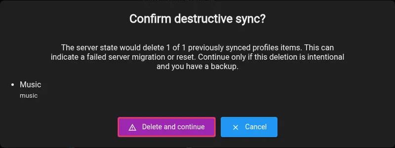 Destructive sync confirmation identifies the Music profile