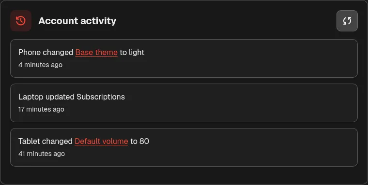 Account activity showing setting and subscription changes from three devices
