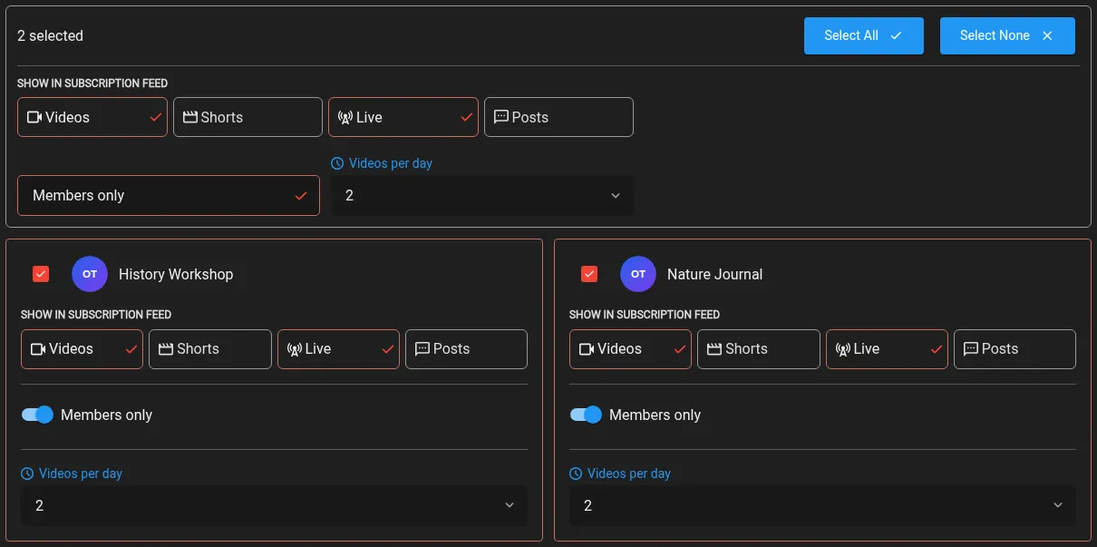 Two selected channels with shared subscription feed settings