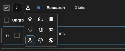 Tab group selection checkbox and icon picker