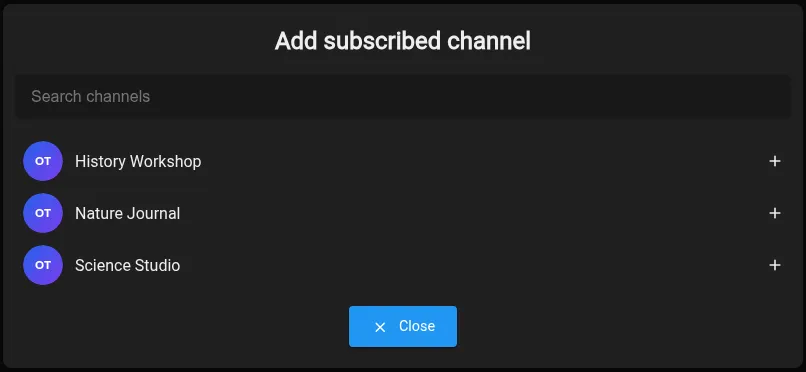Searchable subscribed-channel picker for Saved Channel Settings