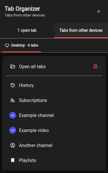 Android tab organizer showing page icons and channel avatars for tabs from another device