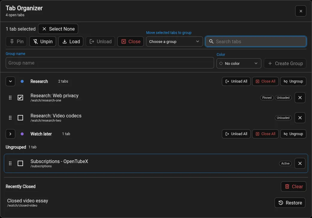Tab Organizer in dark and light themes