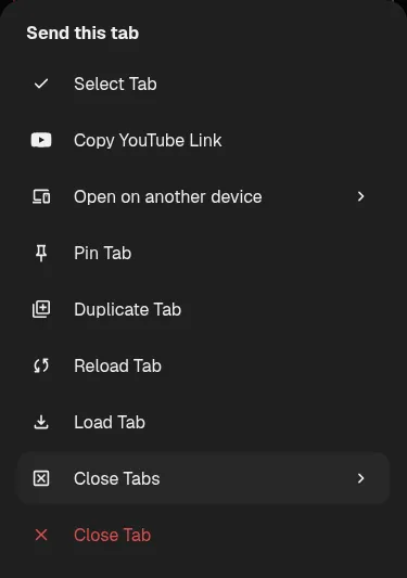 Mobile tab context menu