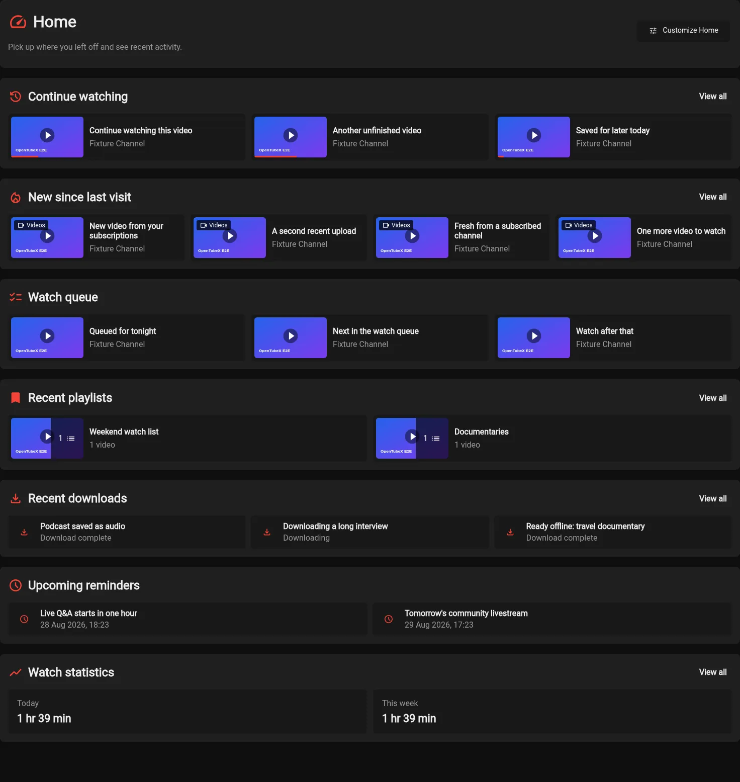 Customizable Home page showing recent activity in every available shelf