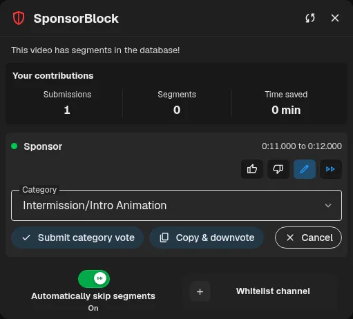 SponsorBlock category correction editor