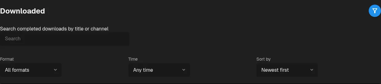 Search and filter controls for completed downloads