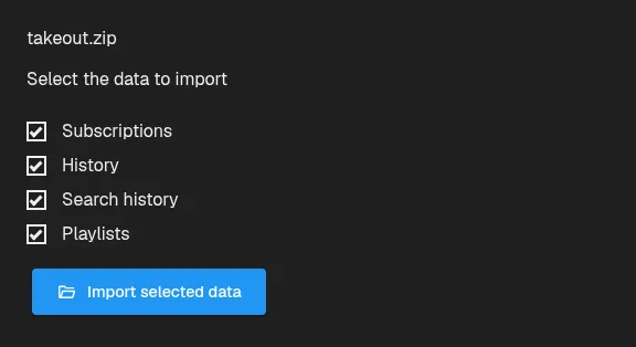 YouTube Takeout ZIP import choices