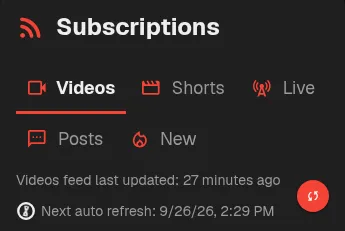 Mobile subscriptions refresh button centered beside the feed status