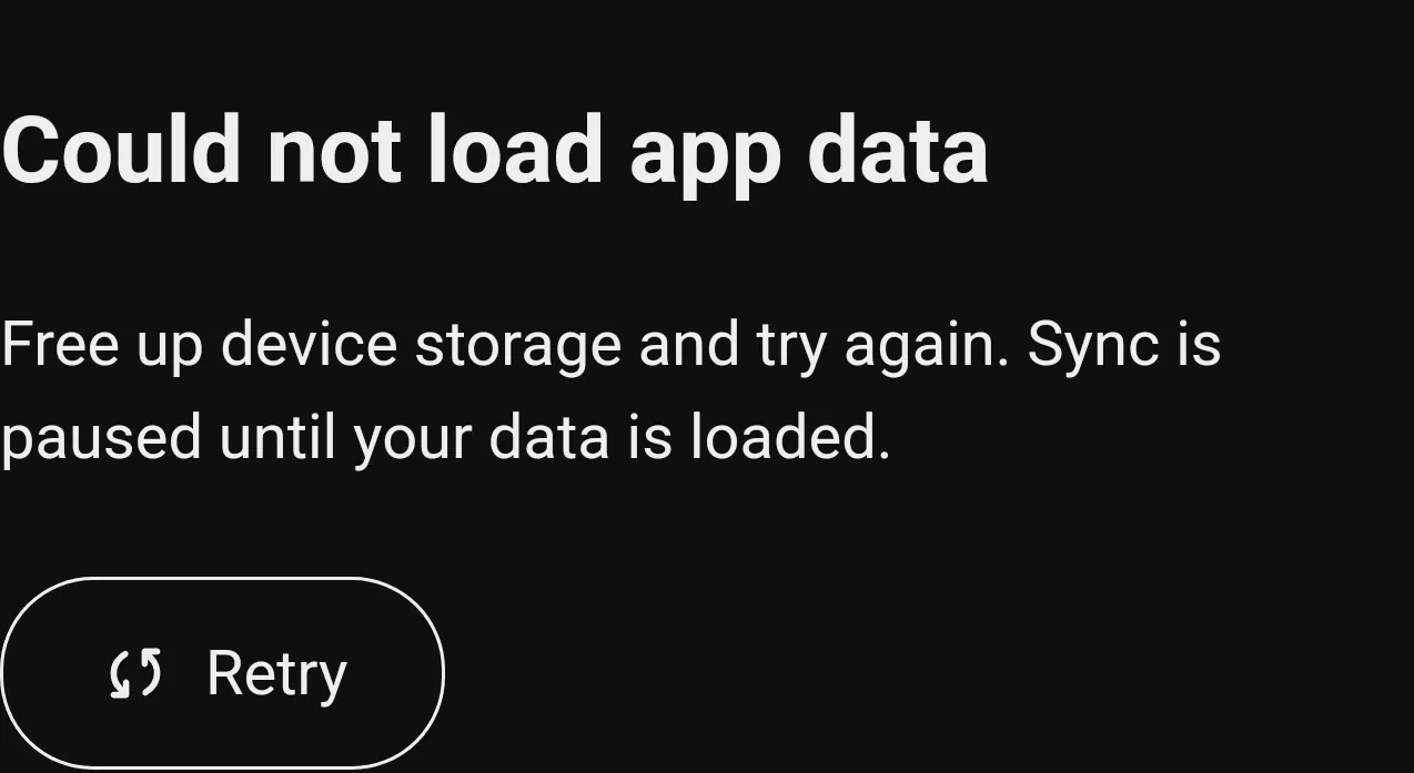 Android storage recovery screen with Retry