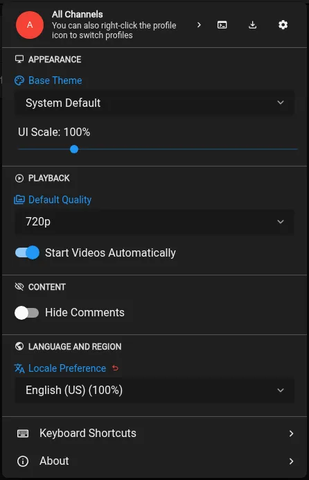 Quick Settings with category heading icons and the default profile color