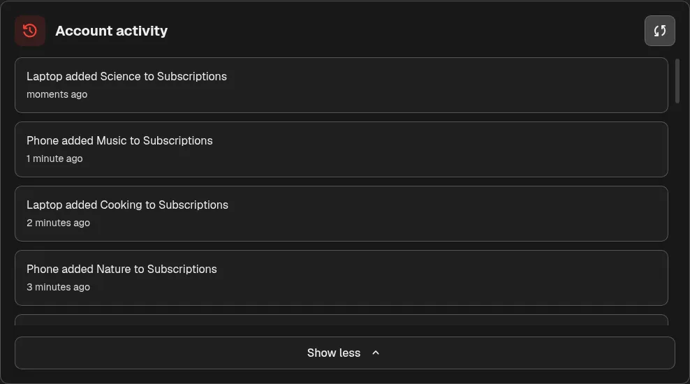 Account activity with a separate scroll area and a scrollbar beside the cards