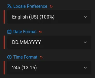 Date and time format settings with independent date, clock, and app language controls