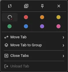 Compact desktop tab context menu with quick actions and a two-row color palette