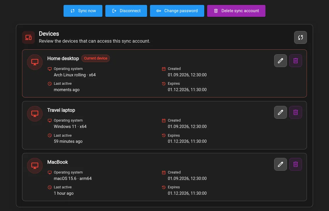 Sync device management showing Linux, Windows, and macOS sessions with rename, revoke, and password actions