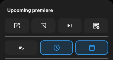 Saved-video and premiere-notification actions highlighted with the selected accent color