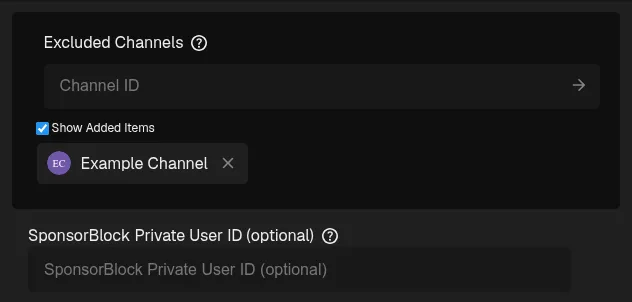 Excluded SponsorBlock channel with a fictional name and avatar