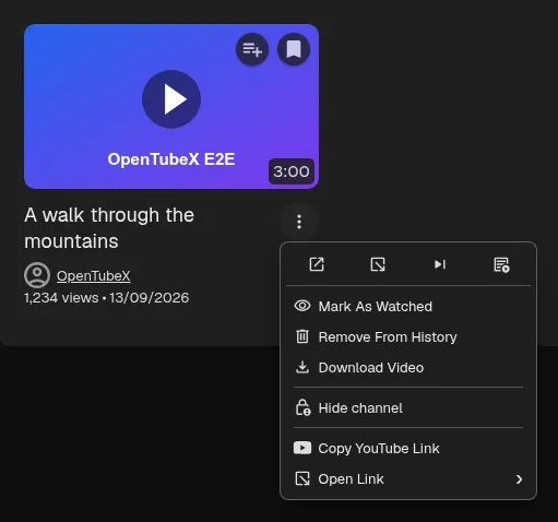 The optional three-dot video button opens the unified context menu beside the video card