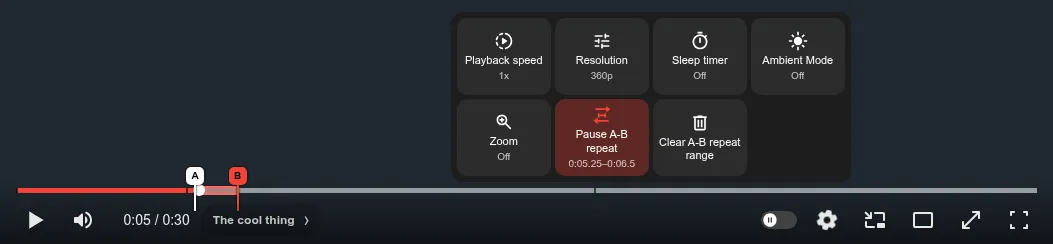 A-B repeat controls in the player menu