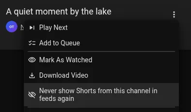 Subscription feed menu with the channel content-type hide action