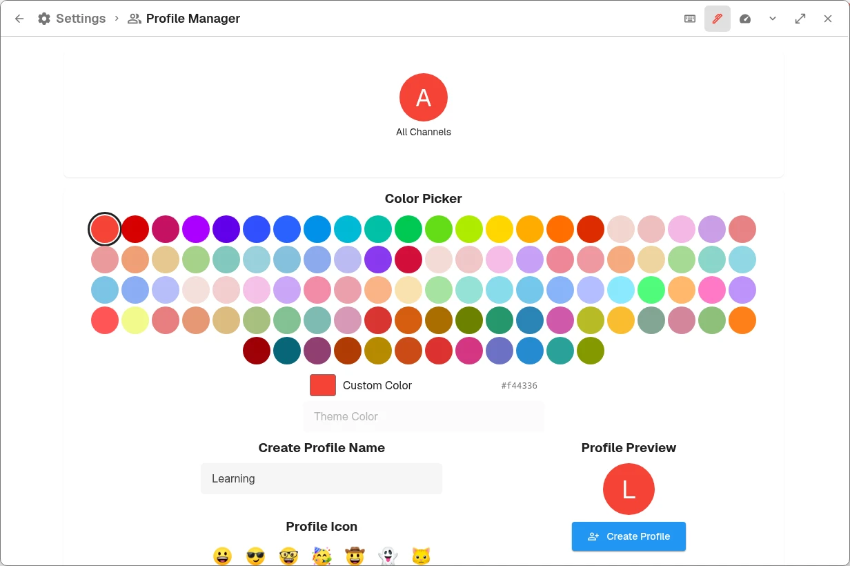 Profile Manager showing the color picker, a Learning profile name, profile preview, and Create Profile button.