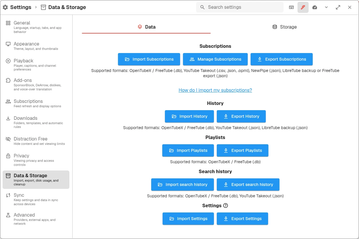 Data & Storage settings with separate import and export buttons for subscriptions, history, playlists, search history, and settings.