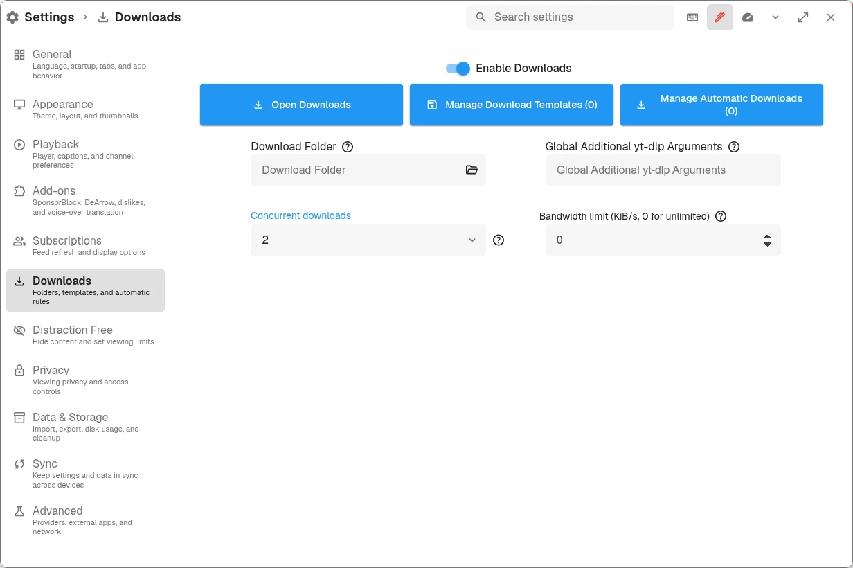 Downloads settings showing Enable Downloads, Download Folder, concurrent downloads, and bandwidth limit.