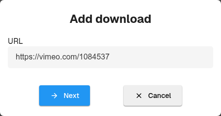 Add download dialog with a Vimeo media URL entered and a Next button.