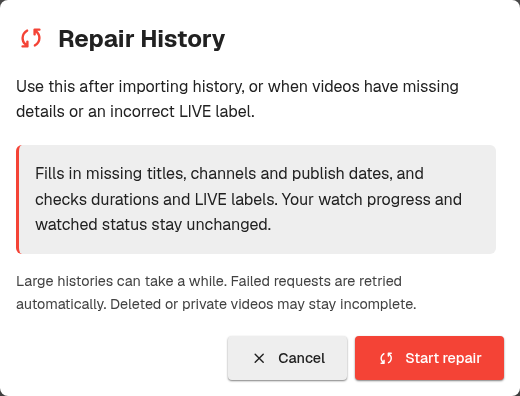Repair History dialog explaining which details are checked, that watch progress stays unchanged, and the Start repair action.