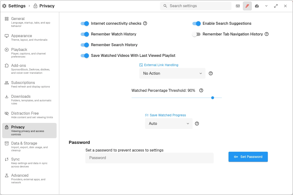Privacy settings showing watch history, search history, and Save Watched Progress controls.